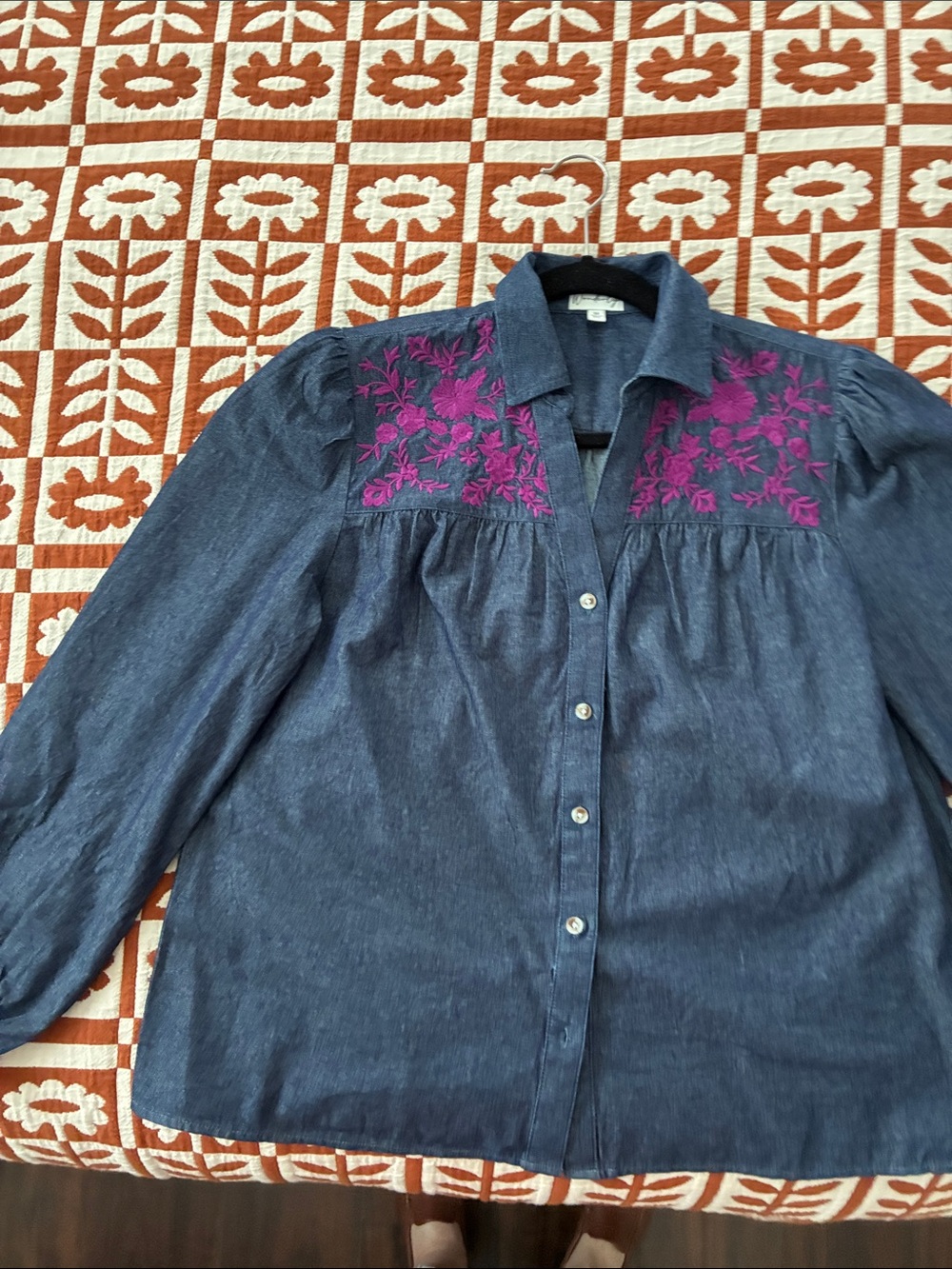 Wonderly Indigo Button-Down Shirt with Magenta Floral Embroidery